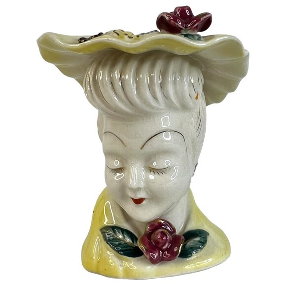 Vintage Acme Ware Lady Head Vase Yellow With Flowers Gold Accents Made Japan VTG - Picture 10 of 10